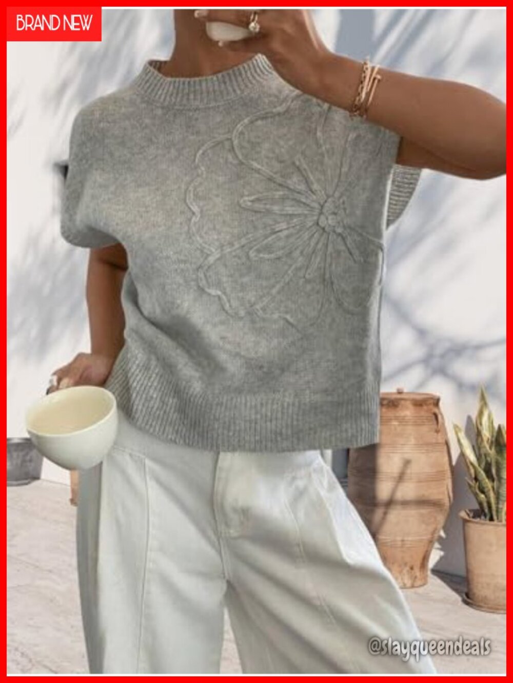 Womens Floral Knit Sweater Vest Cap Short Sleeve Pullover Top